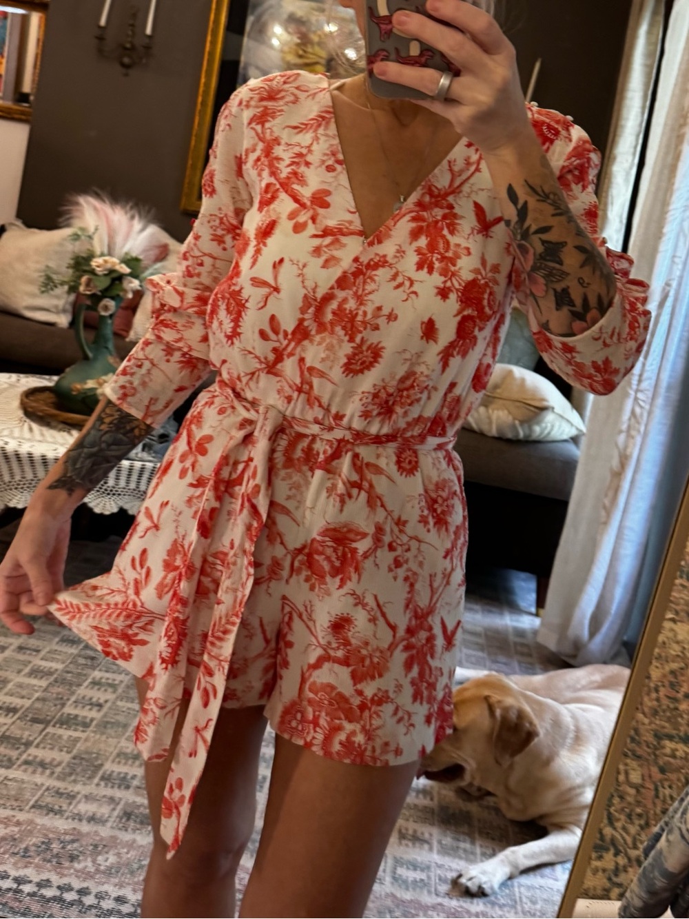 Club Monaco Floral V-Neck Tie-Waist Romper in Coral